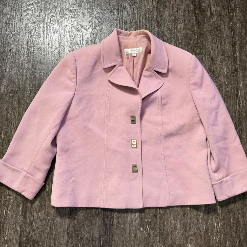 Tahari Arthur S Levine‎ Blazer Womens 14 Pink Turn Lock Clasp 3/4 Sleeve Career